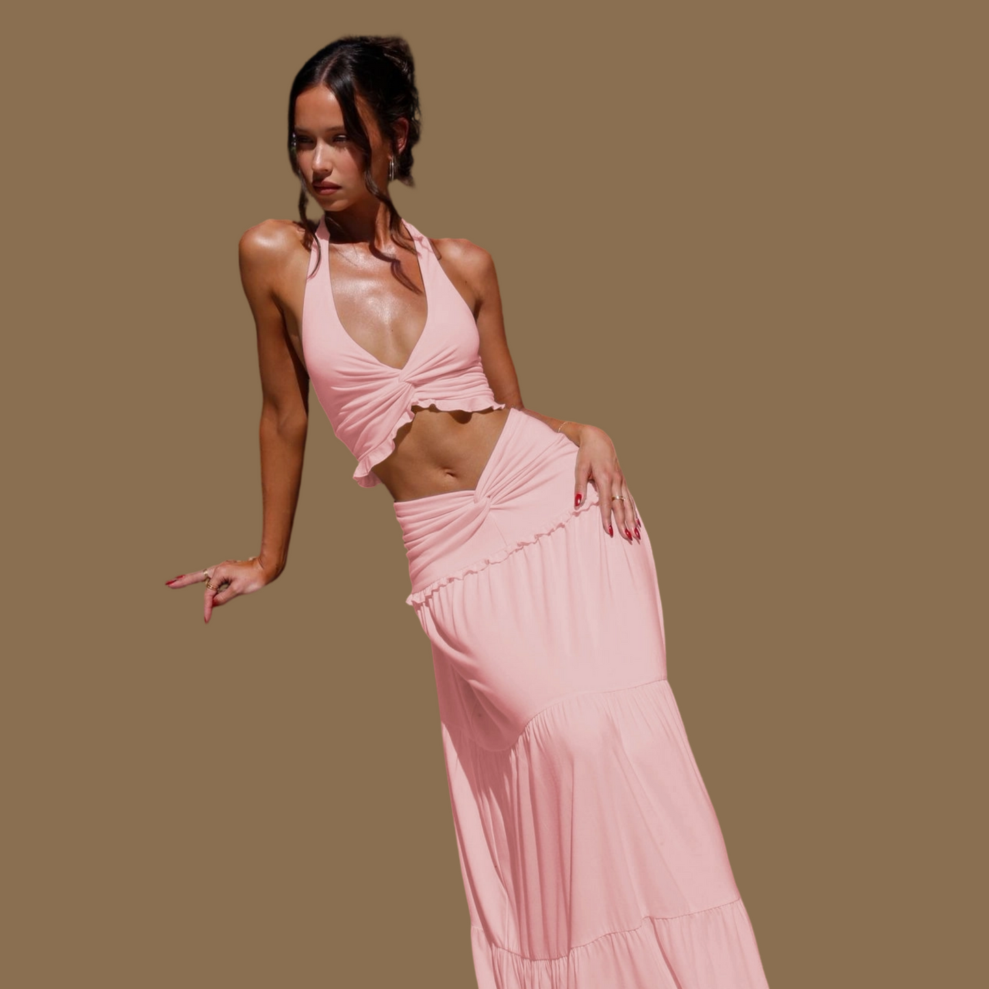 REINAREA Women Vacation Style Knot Halter Tie Top & V‑Shape Long Skirt 2 Piece Set