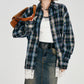 REINAREA Women’s American Retro Plaid Long-Sleeve Shirt  Loose Fit with Lace Trim Patchwork Blouse【069】