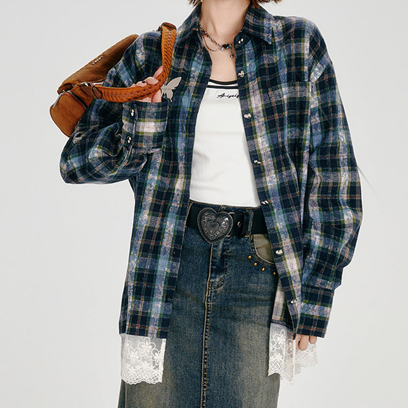 REINAREA Women’s American Retro Plaid Long-Sleeve Shirt  Loose Fit with Lace Trim Patchwork Blouse【069】