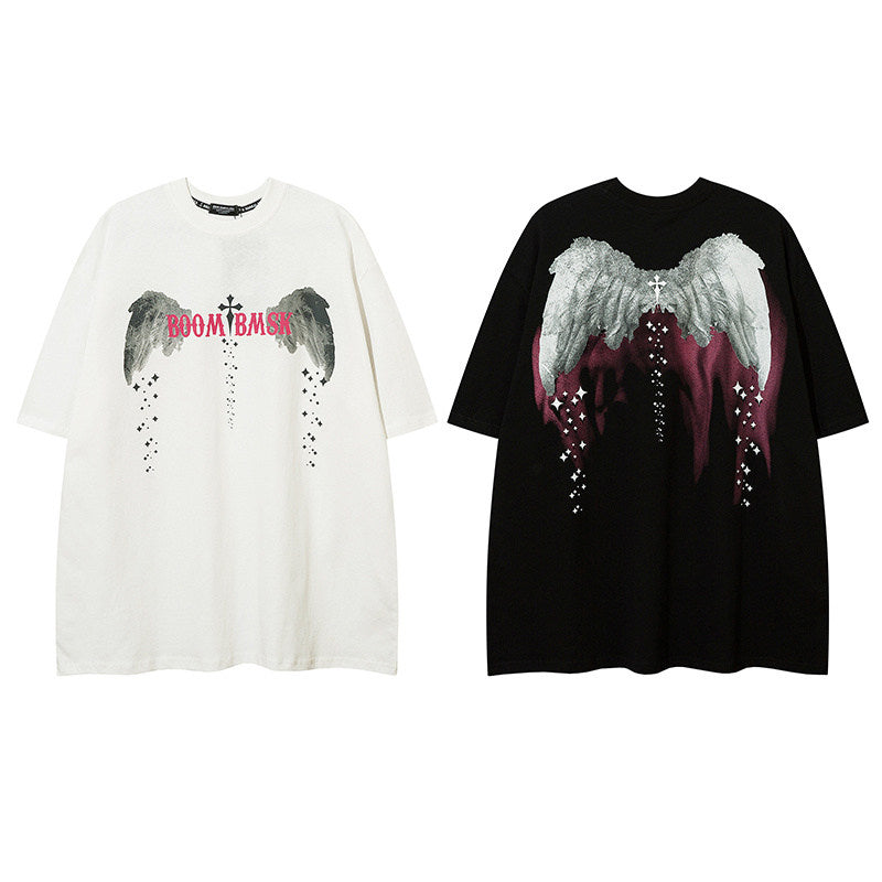 REINAREA Ink Wash Painting Angel Wings Print T-Shirt Unisex American Street Style Cotton Short-Sleeve Top