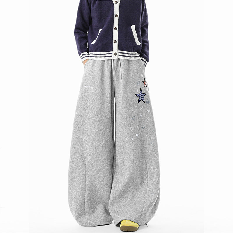 REINAREA Unisex Winter American Star Embroidered Loose Wide Leg Sweatpants