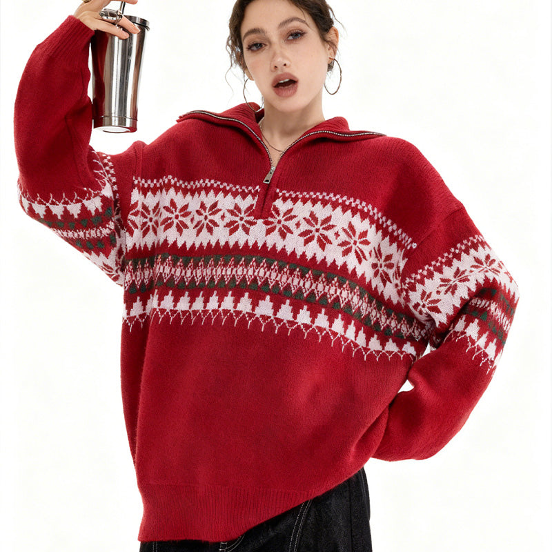 REINAREA Fair Isle Half-Zip Pullover Christmas Knit Sweater【011】