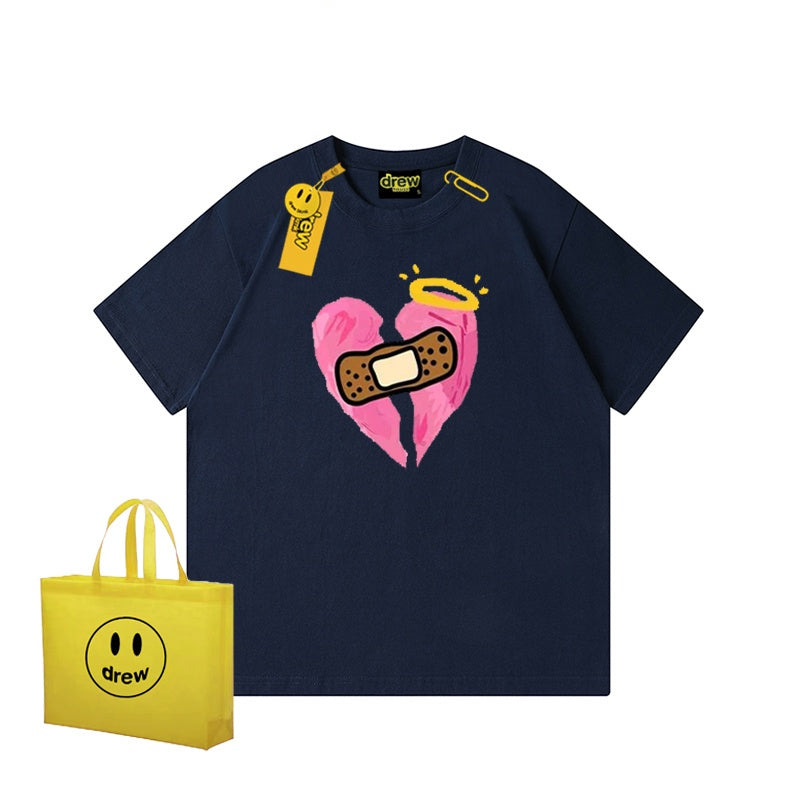 REINAREA Unisex Heart Print Short-Sleeve T-Shirt - Street Trendy Loose-Fit 100% Cotton Couple Top【074】