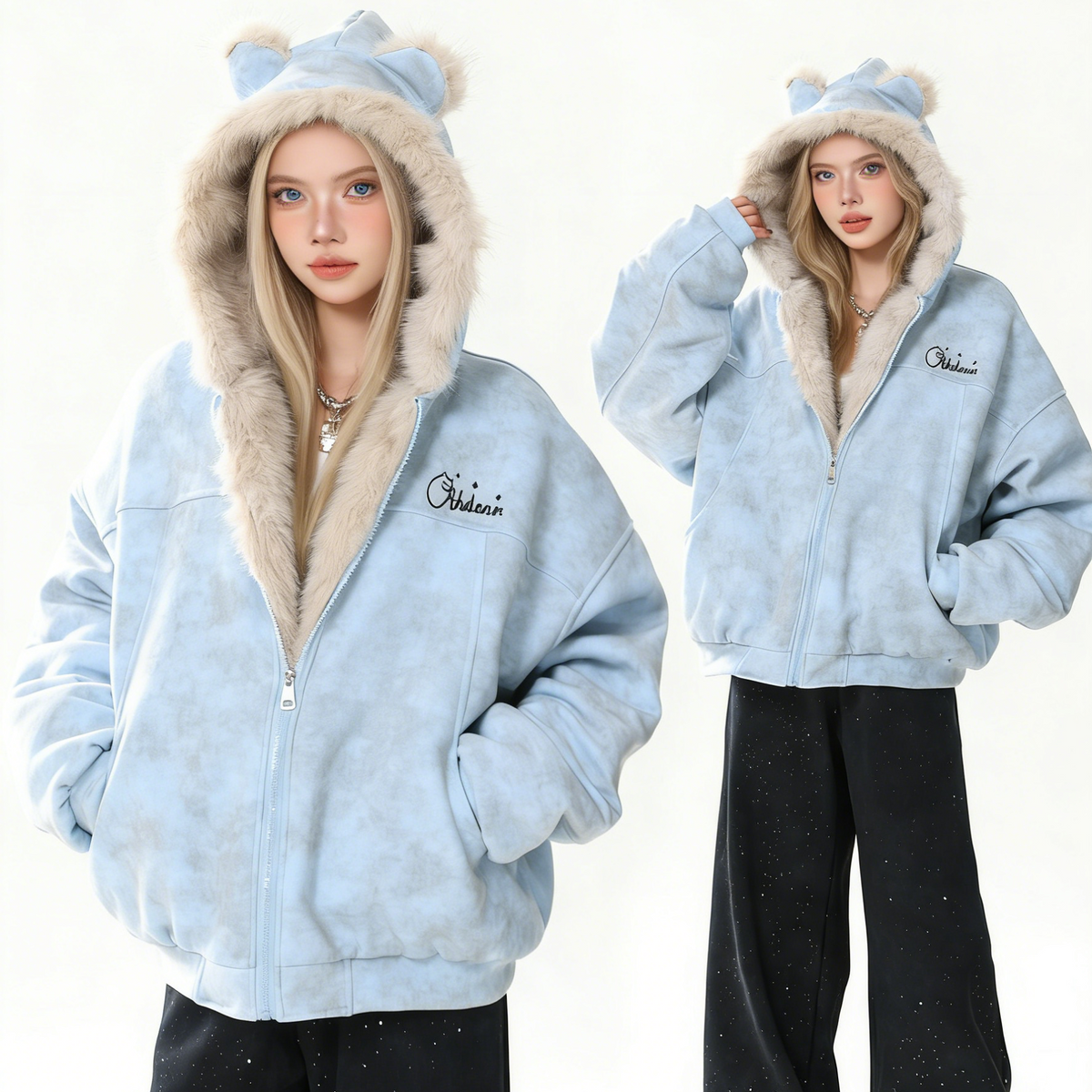 REINAREA Women's Bear Ear Suede Coat Faux Fur Collar Warm Cotton Jacket