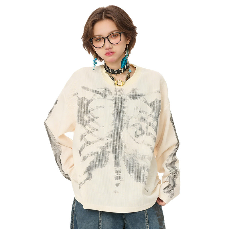 REINAREA Gothic Skull Print Long-Sleeve T-Shirt Unisex Loose-Fit Casual Top【075】