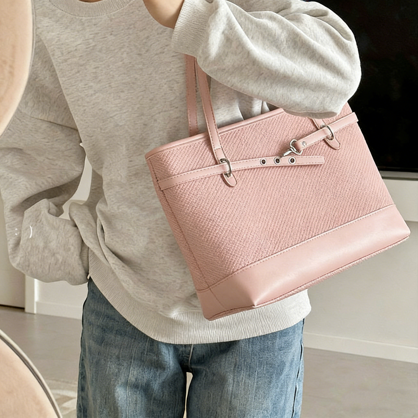 REINAREA Solid Color Large Capacity Tote Bag Commute Shoulder Bag