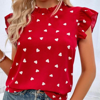 Ruffle Short Sleeve Round Neck Polka Dot Shirt