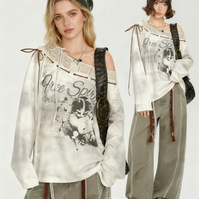 REINAREA American Retro Printed Paneled Stylish Long Sleeve T-Shirt