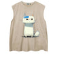 REINAREA Hand-Painted Cat Print Suede Sleeveless T-Shirt - Unisex Athletic Tank Top【076】