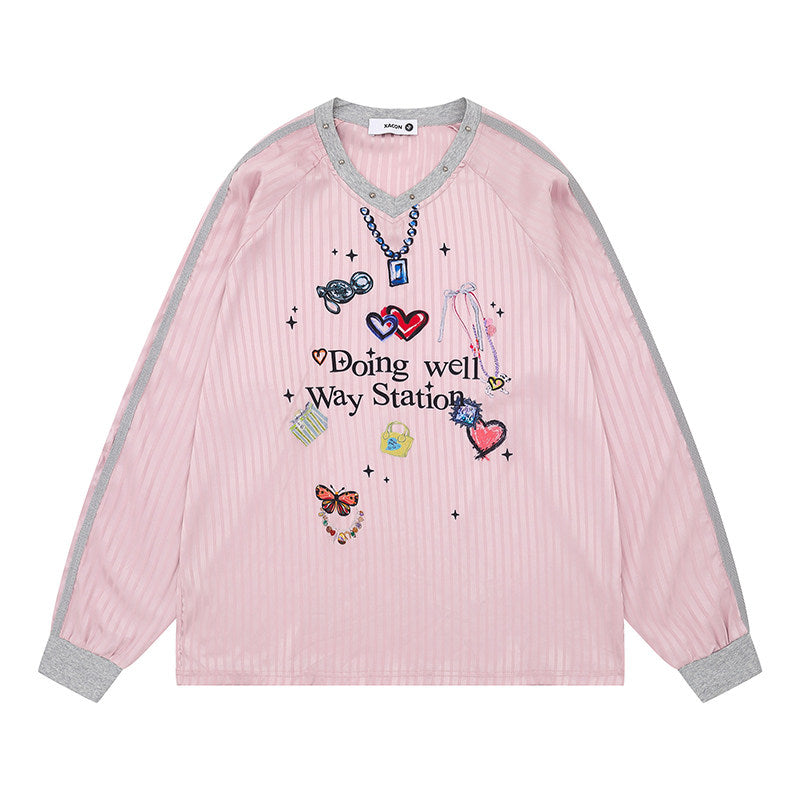 REINAREA New Spring Summer V-neck Printed T-Shirt Women American Style Long Sleeve Top