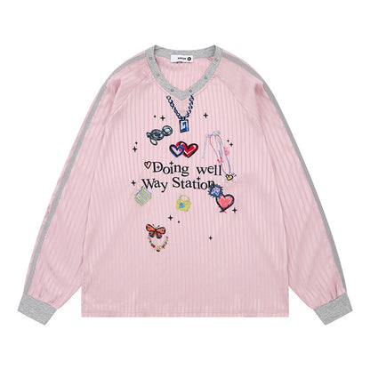 REINAREA New Spring Summer V-neck Printed T-Shirt Women American Style Long Sleeve Top