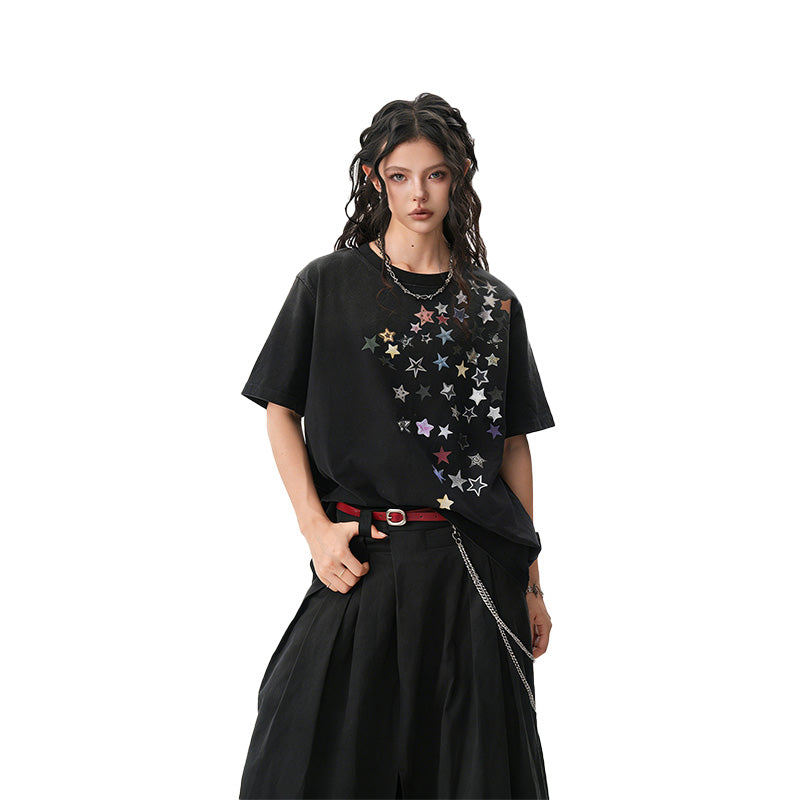 REINAREA Unisex Star-Printed Short-Sleeve T-Shirt Casual Couple’s Half-Sleeve Top