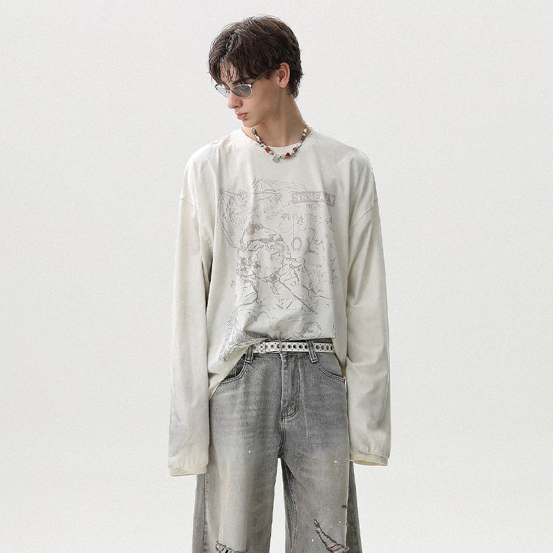 REINAREA Unisex American Retro Washed Cotton Long-Sleeve T-Shirt Loose-Fit Top