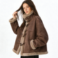 REINAREA Women's Fur Integrated Shearling Jacket Winter Suede Biker Short Stand Collar Coat