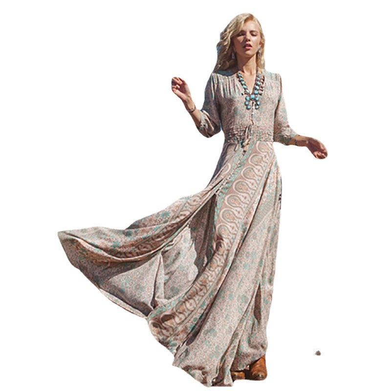 Bohemian Printed Fringed Long Sleeve Dress