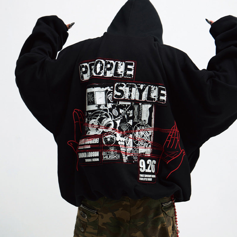 REINAREA Unisex Vintage Statement-Embroidered Black Hoodie Jacket(black,white)