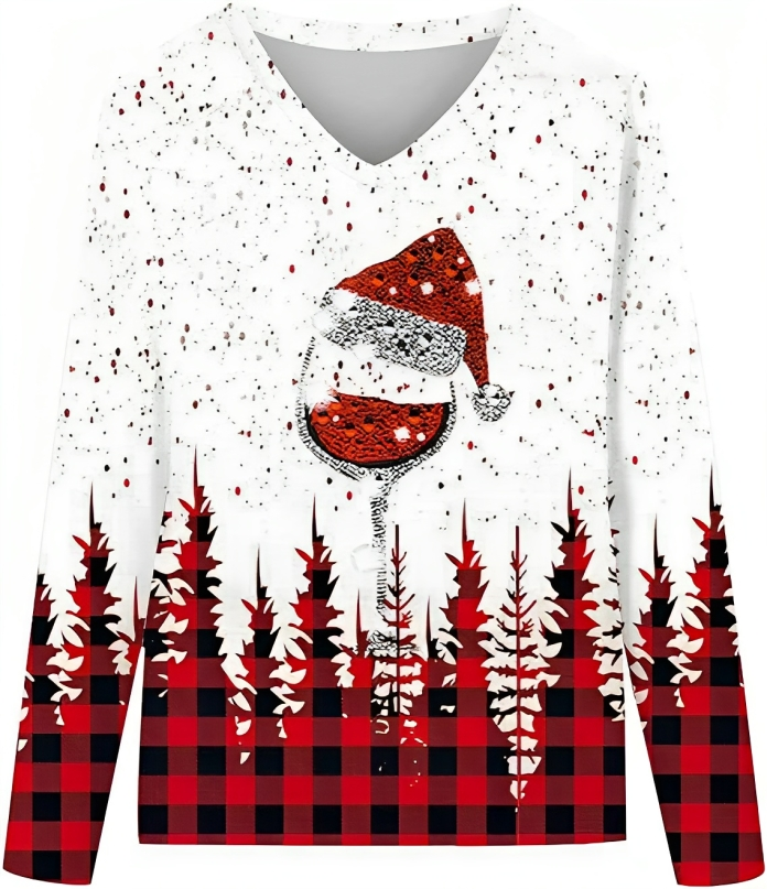 Christmas Tree Wine Glass Print Long Sleeve Top