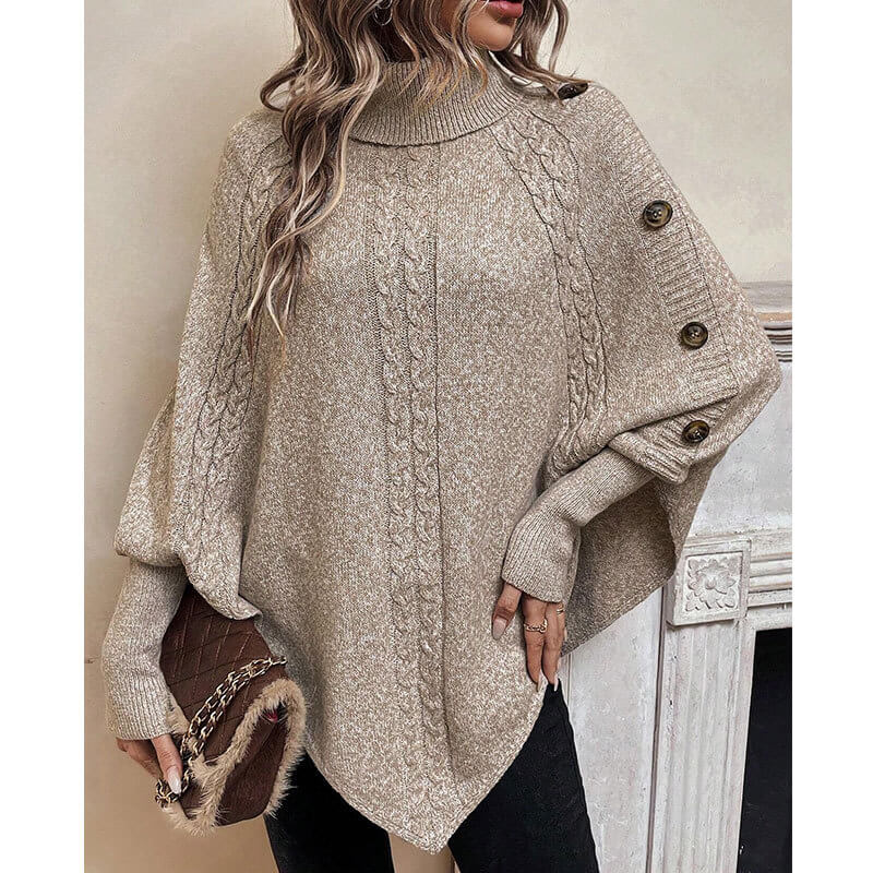 High Neck Button Up Long Sleeve Batwing Sweater