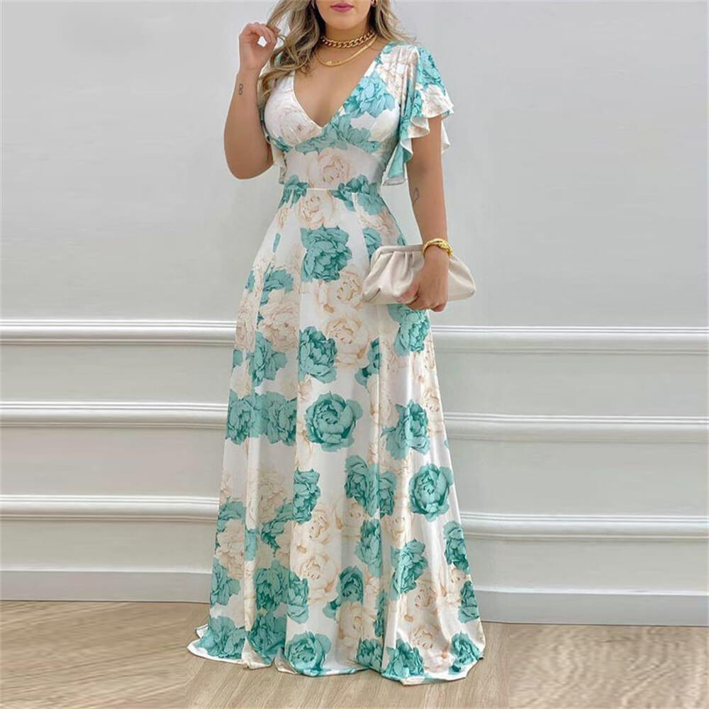 Floral V-Neck Waist-Slimming Printed Dress