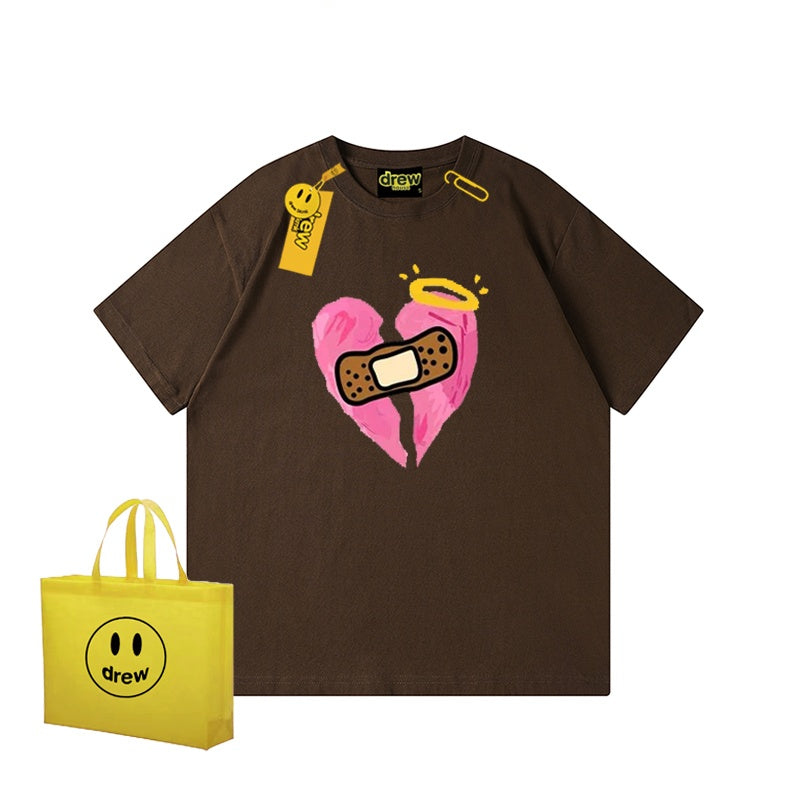 REINAREA Unisex Heart Print Short-Sleeve T-Shirt - Street Trendy Loose-Fit 100% Cotton Couple Top【074】