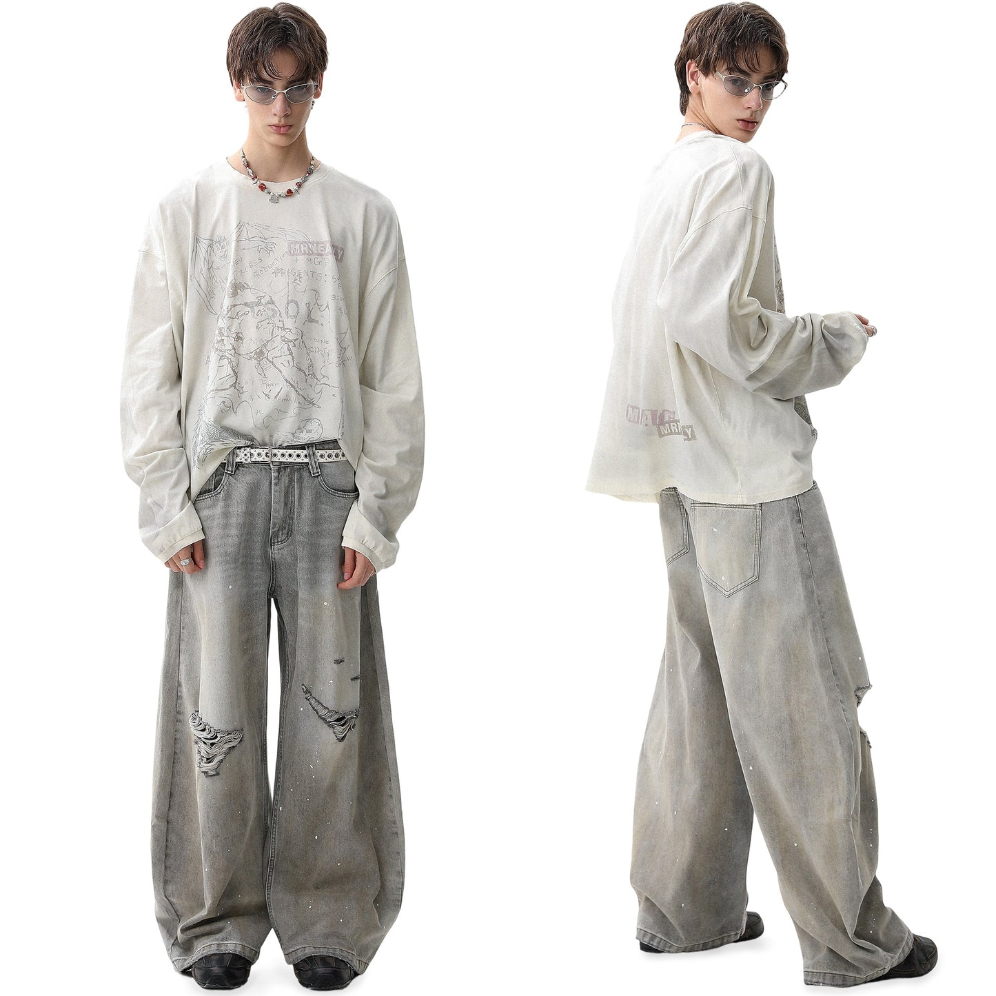 REINAREA Unisex American Retro Washed Cotton Long-Sleeve T-Shirt Loose-Fit Top