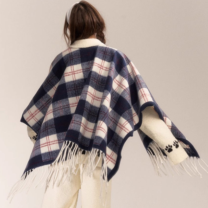 REINAREA Vintage Plaid Fringed Shawl Scarf (Brown & Gray-Blue)
