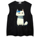 REINAREA Hand-Painted Cat Print Suede Sleeveless T-Shirt - Unisex Athletic Tank Top【076】