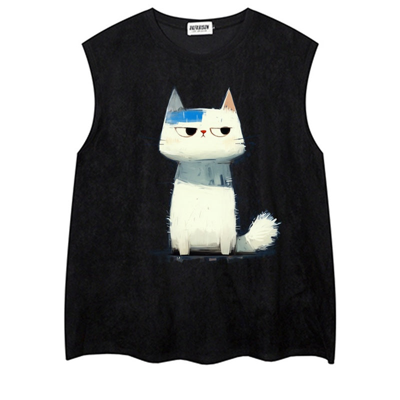 REINAREA Hand-Painted Cat Print Suede Sleeveless T-Shirt - Unisex Athletic Tank Top【076】