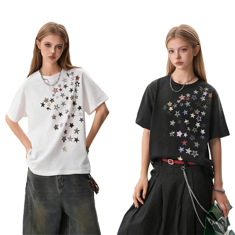 REINAREA Unisex Star-Printed Short-Sleeve T-Shirt Casual Couple’s Half-Sleeve Top