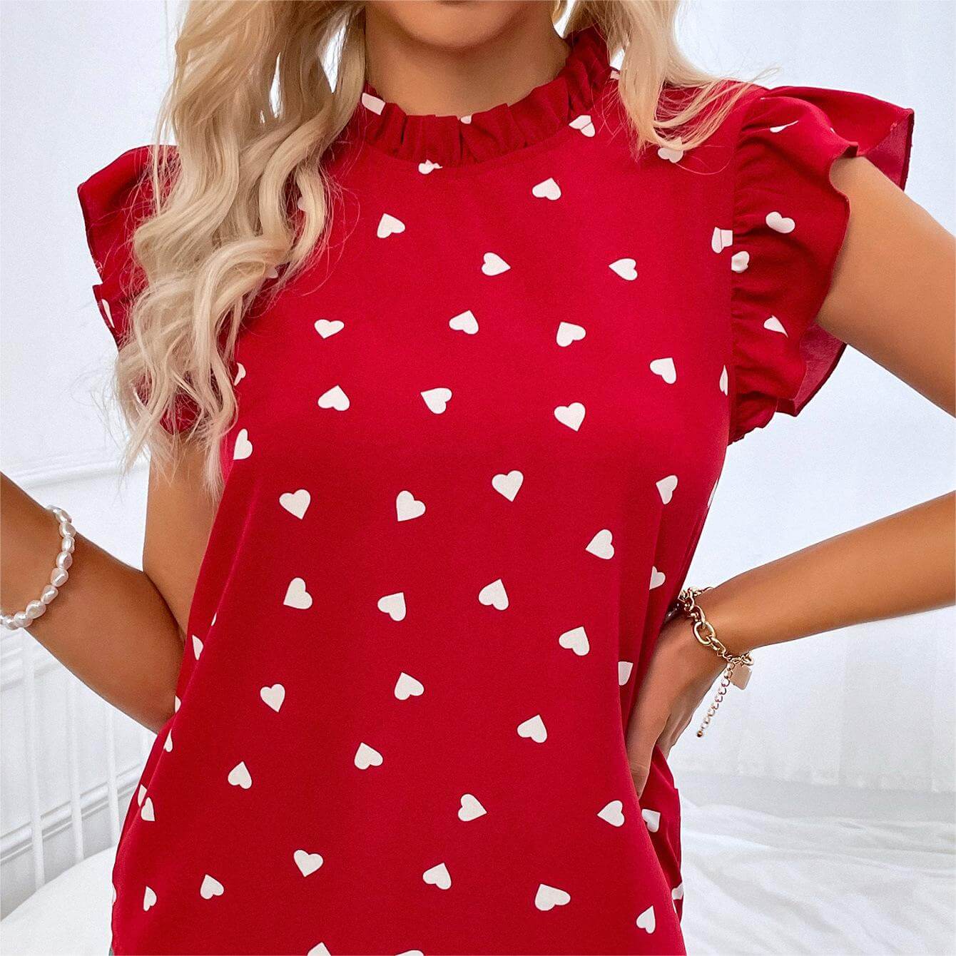 Ruffle Short Sleeve Round Neck Polka Dot Shirt