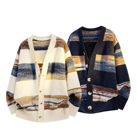 REINAREA Loose Striped Knitted Cardigan Women Casual Knit Sweater