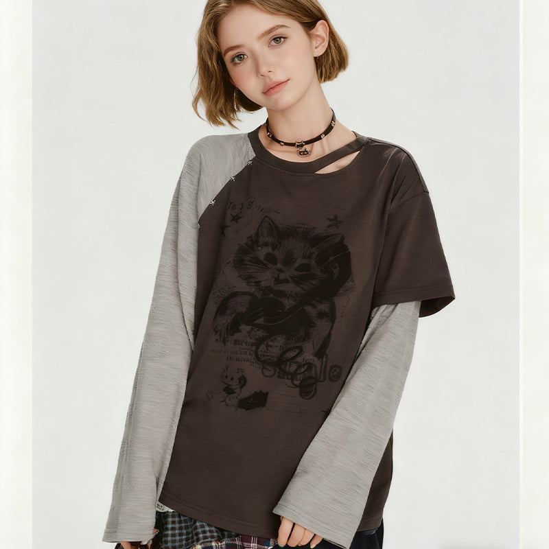 REINAREA American Retro Layered-Look Printed Long-Sleeve T-Shirt - Stylish Loose Top