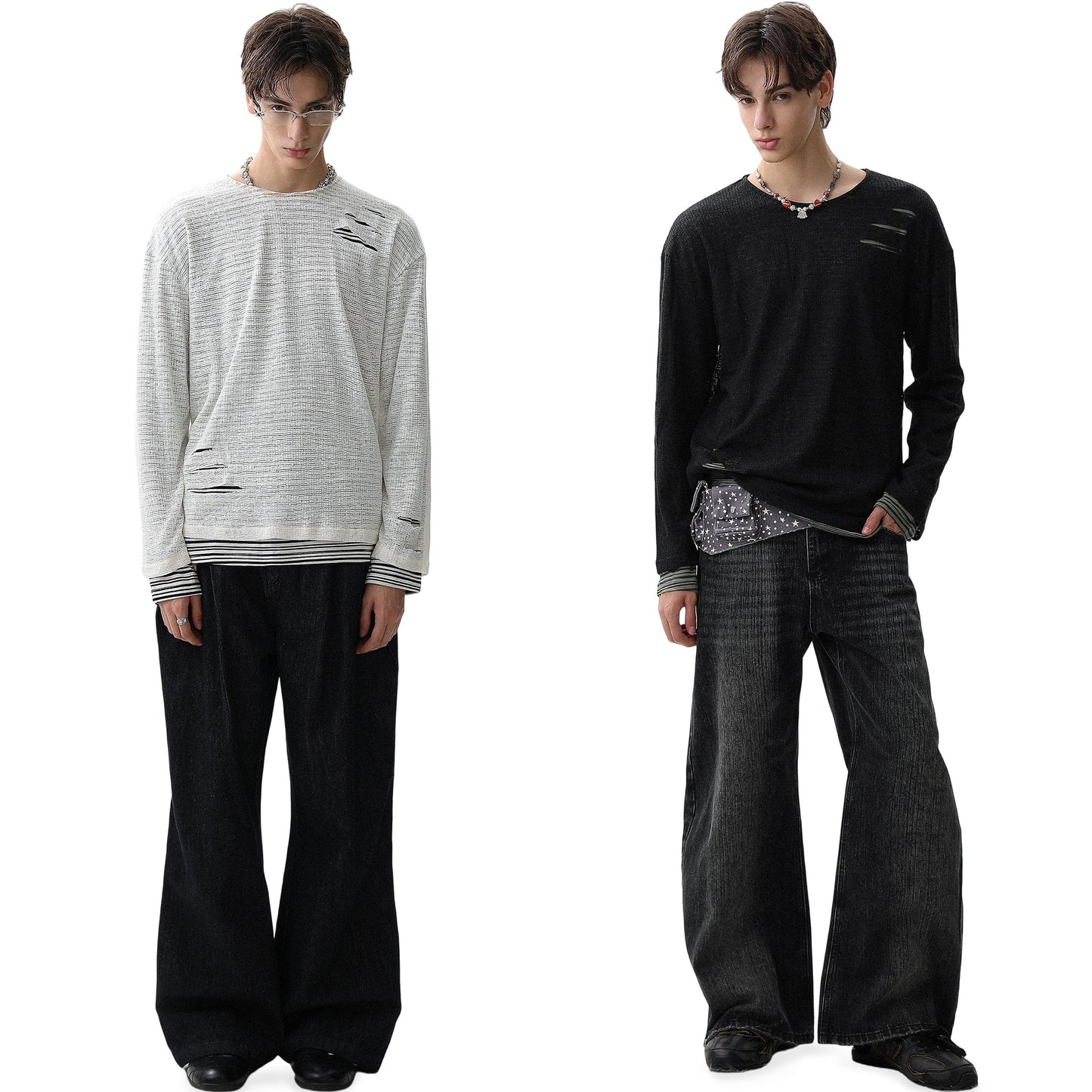 REINAREA Unisex Distressed Striped Layered-Look Long-Sleeve T-Shirt Casual Top