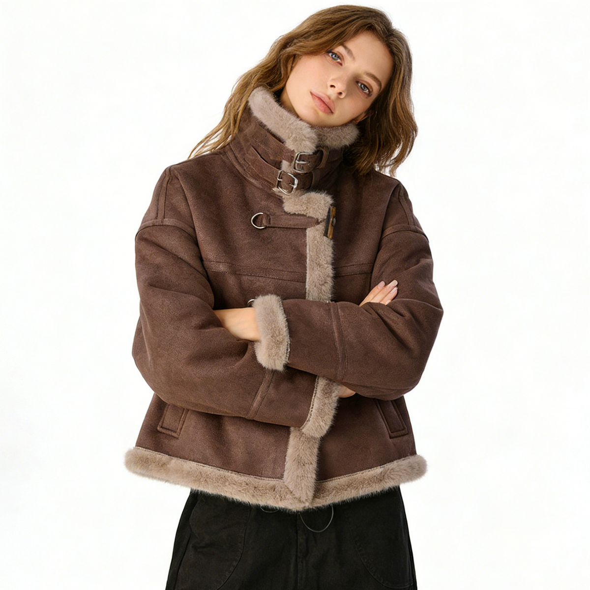 REINAREA Women's Fur Integrated Shearling Jacket Winter Suede Biker Short Stand Collar Coat