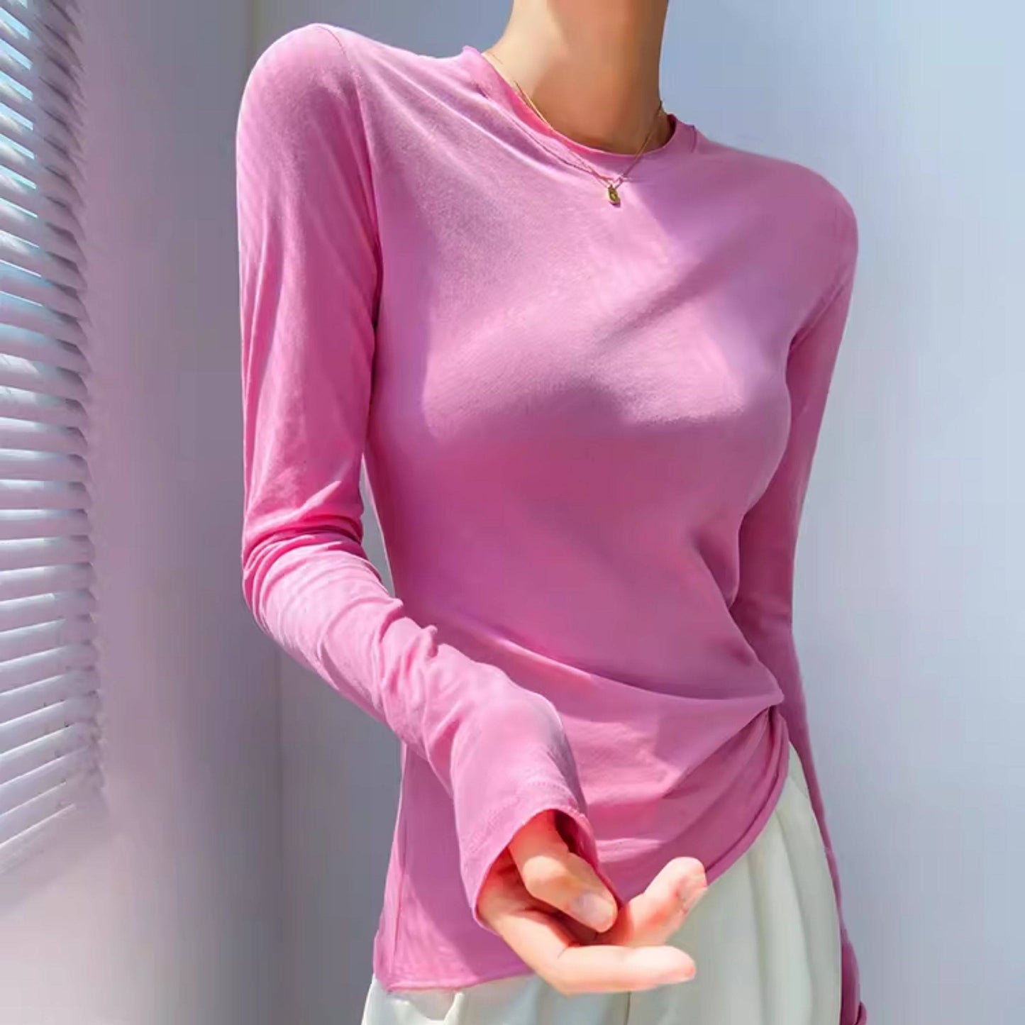 REINAREA Fluorescent Green Crew Neck Long Sleeve T-Shirt for Women UV Protection Sheer Layering Top【101】
