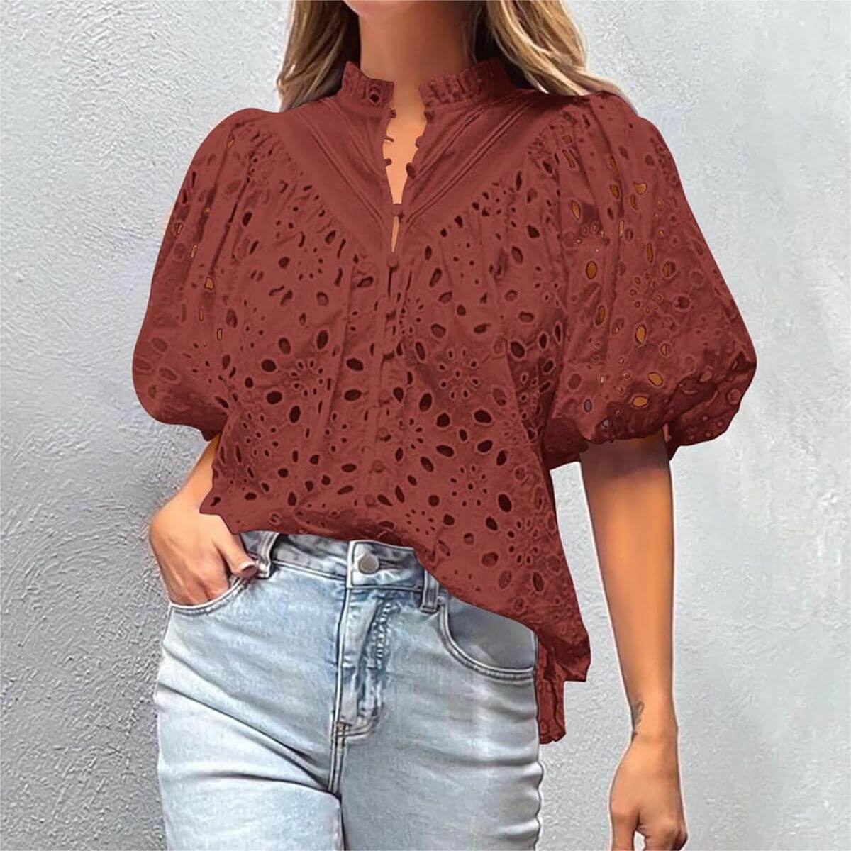 Lined Embroidered Cutout Lantern Sleeve Shirt