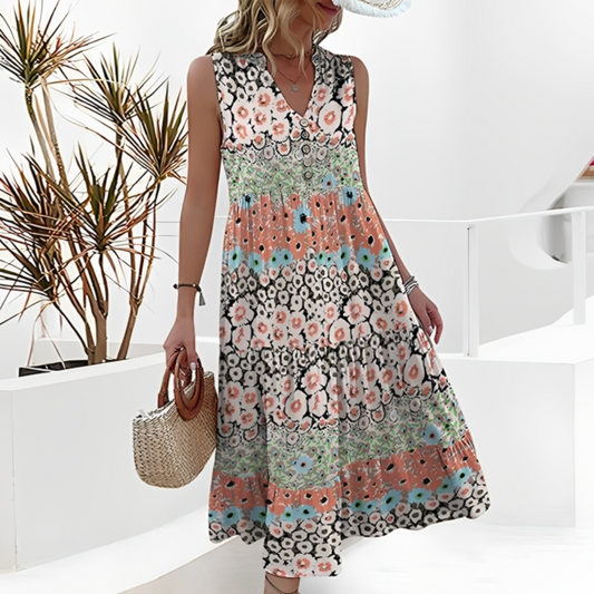 Unique Floral Print Sleeveless Midi Dress