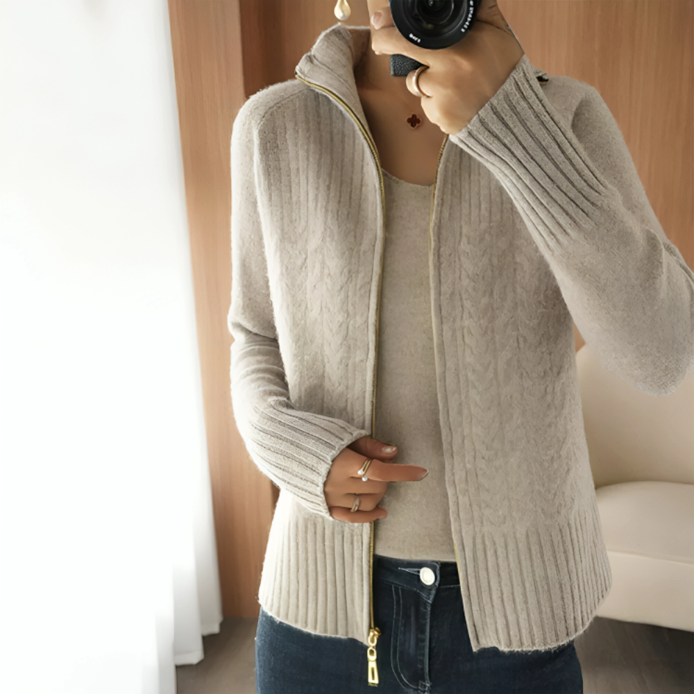 Apricot Plain Zip V-Neck Sweater