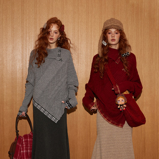 Shawl Collar Plaid Panel Batwing Sleeve Loose Sweater