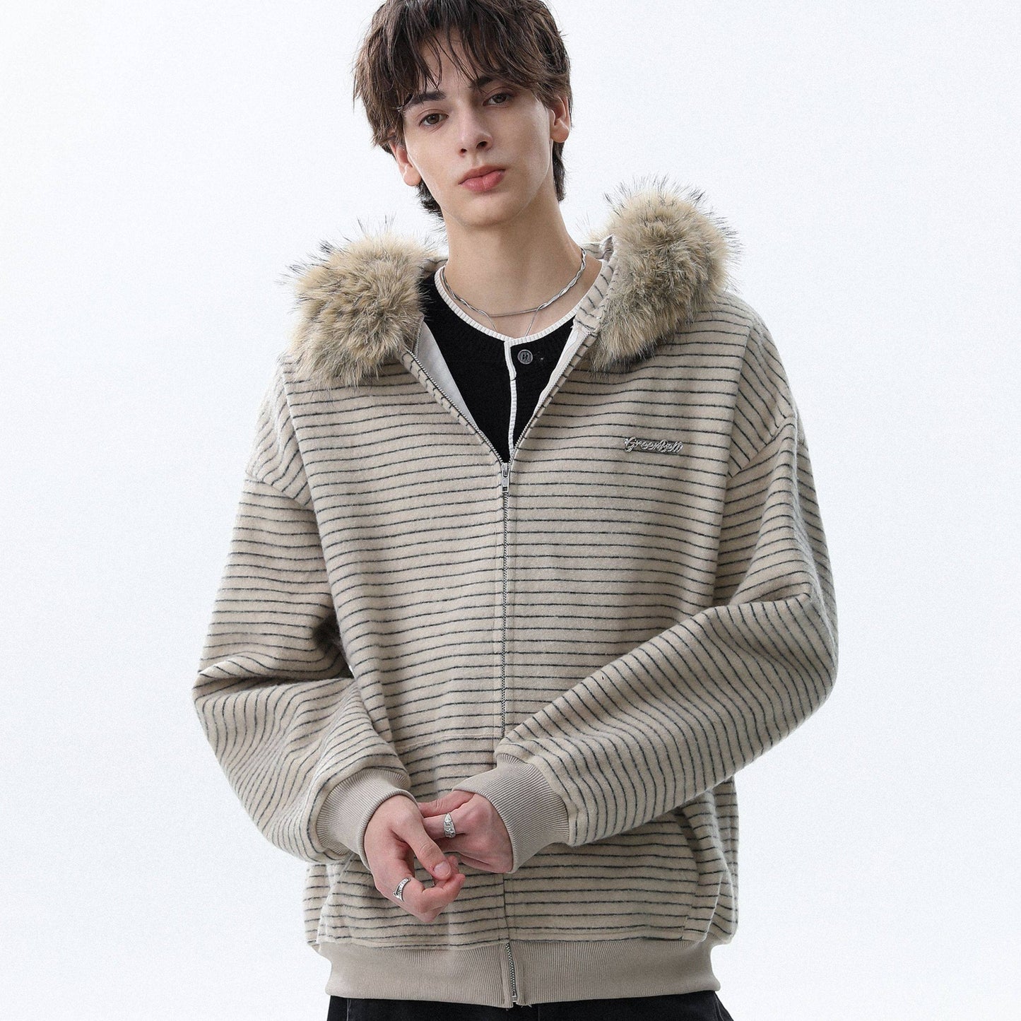 REINAREA Men's Striped Fleece Hoodie Zippered Cardigan with Removable Fleece Collar