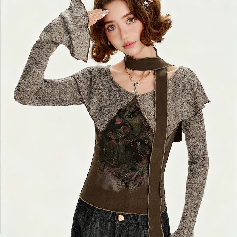 REINAREA Vintage Printed Wide-Collar Long-Sleeve T-Shirt - Y2K-Inspired Stylish Fitted Top