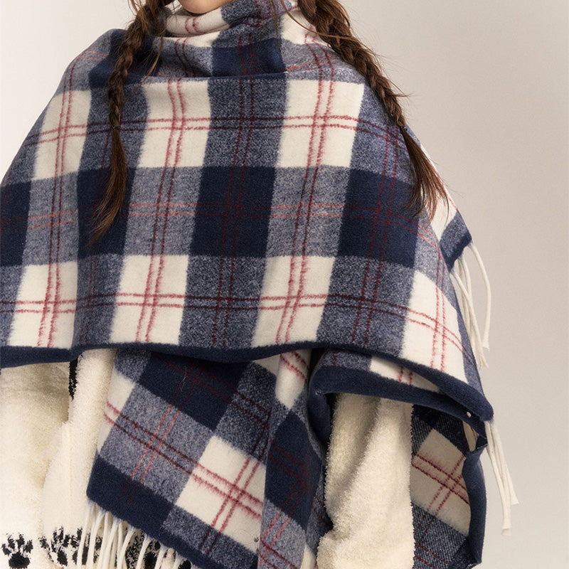 REINAREA Vintage Plaid Fringed Shawl Scarf (Brown & Gray-Blue)