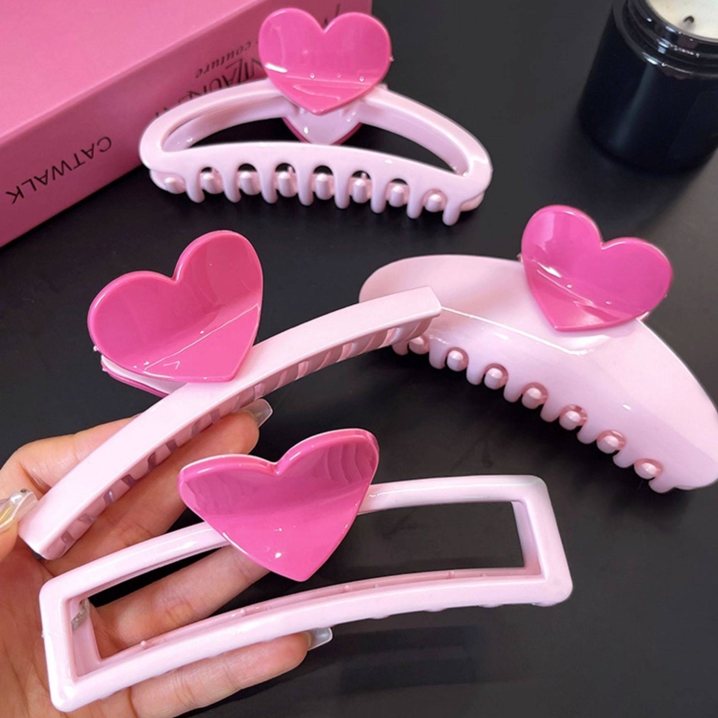 REINAREA Pink Heart Claw Clip for Women Strong Hold Jaw Clip for Back-of-Head Bun Styling【102】