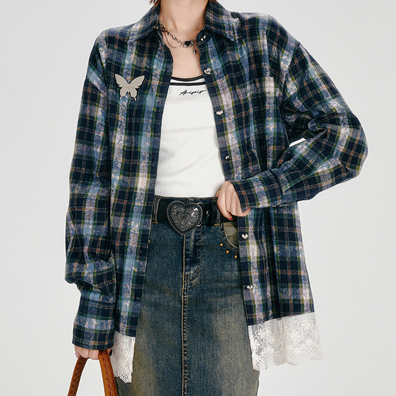 REINAREA Women’s American Retro Plaid Long-Sleeve Shirt  Loose Fit with Lace Trim Patchwork Blouse【069】