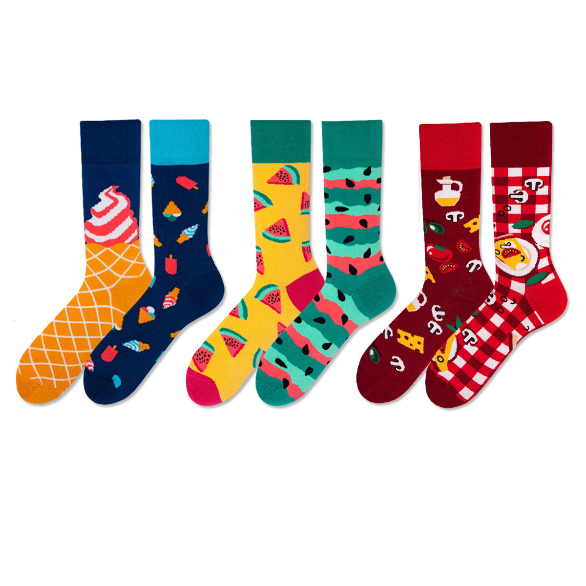 REINAREA Unisex AB Asymmetrical Mismatched Socks - Personalized Cartoon Design Mid-Calf Socks【065】