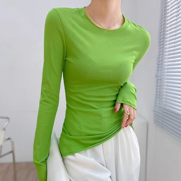 REINAREA Fluorescent Green Crew Neck Long Sleeve T-Shirt for Women UV Protection Sheer Layering Top【101】