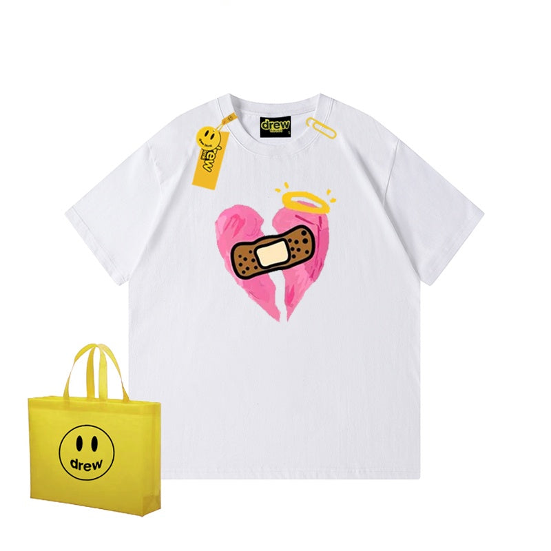 REINAREA Unisex Heart Print Short-Sleeve T-Shirt - Street Trendy Loose-Fit 100% Cotton Couple Top【074】