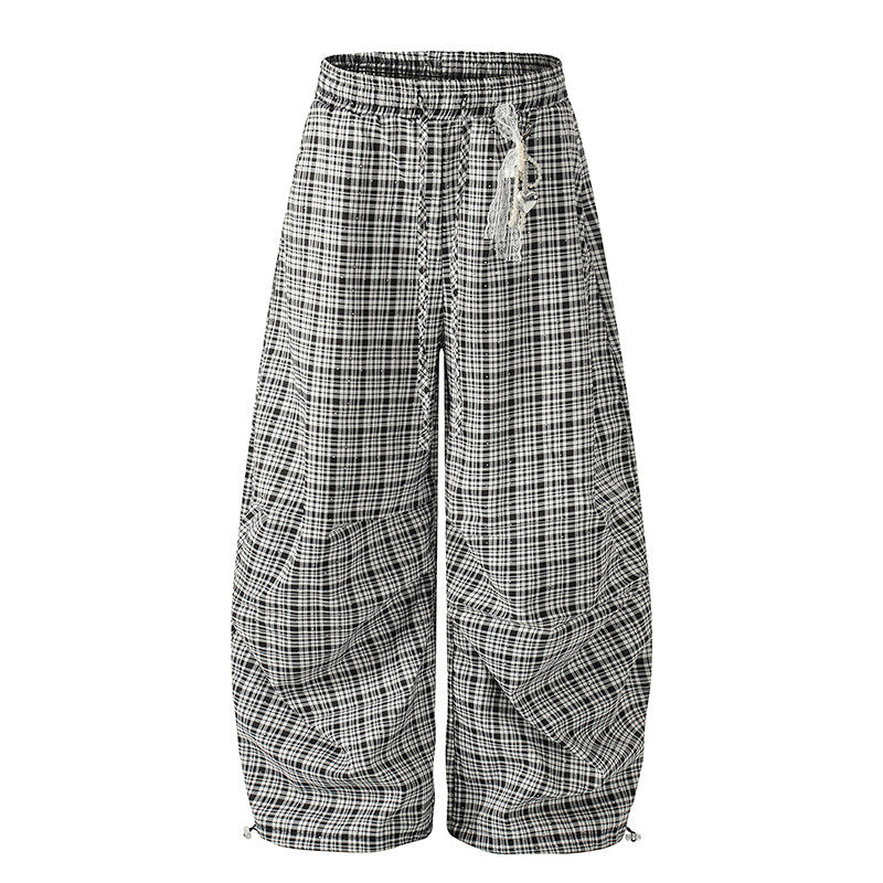 REINAREA New Spring Summer Women's Plaid Curved Pants Pleated Elastic Waist Trousers