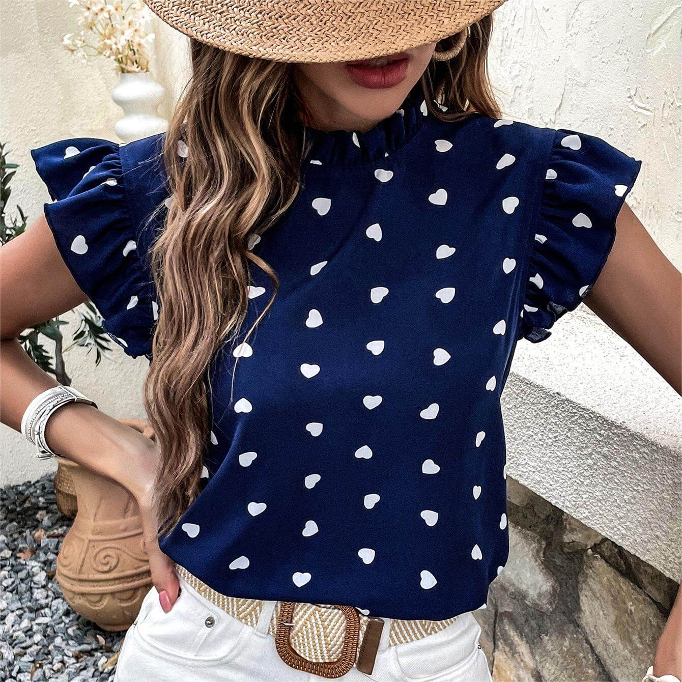 Ruffle Short Sleeve Round Neck Polka Dot Shirt