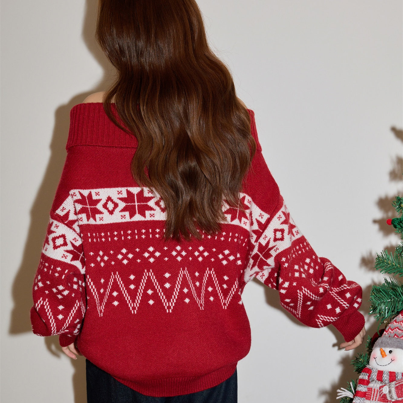REINAREA Christmas Fair Isle Off-the-Shoulder Red Sweater Women’s Loose New Year Knit Top【082】